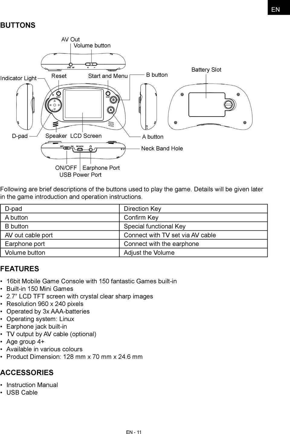 D-pad A button B button AV out cable port Earphone port Volume button Direction Key Confirm Key Special functional Key Connect with TV set via AV cable Connect with the earphone Adjust the Volume