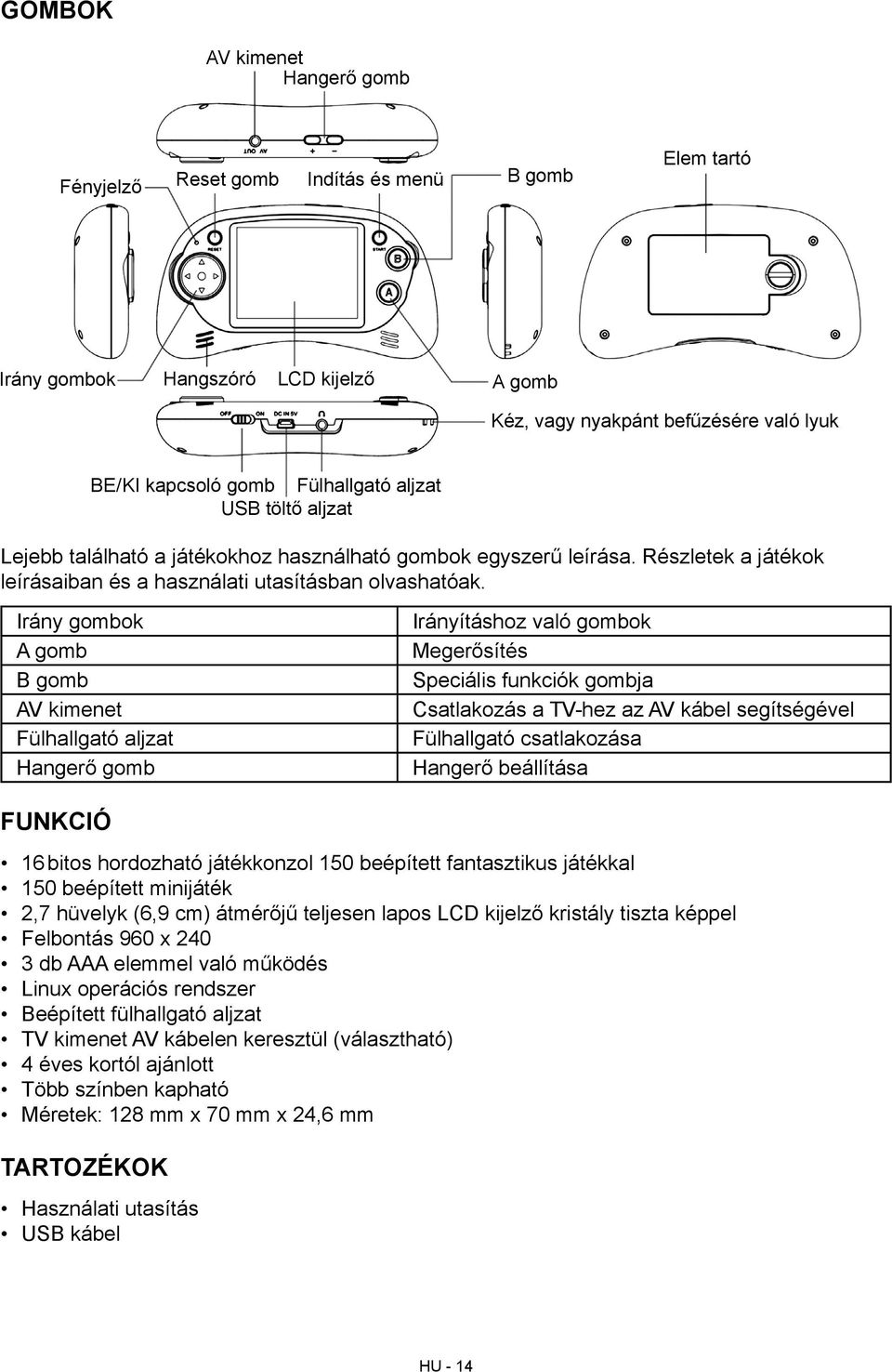 Irány gombok A gomb B gomb AV kimenet Fülhallgató aljzat Hangerő gomb Irányításhoz való gombok Megerősítés Speciális funkciók gombja Csatlakozás a TV-hez az AV kábel segítségével Fülhallgató