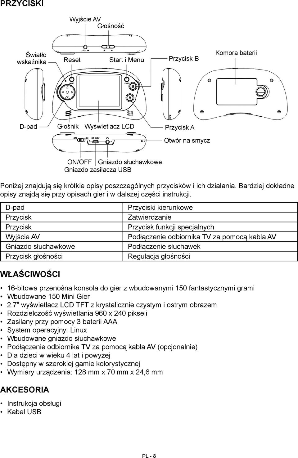 D-pad Przycisk Przycisk Wyjście AV Gniazdo słuchawkowe Przycisk głośności Przyciski kierunkowe Zatwierdzanie Przycisk funkcji specjalnych Podłączenie odbiornika TV za pomocą kabla AV Podłączenie