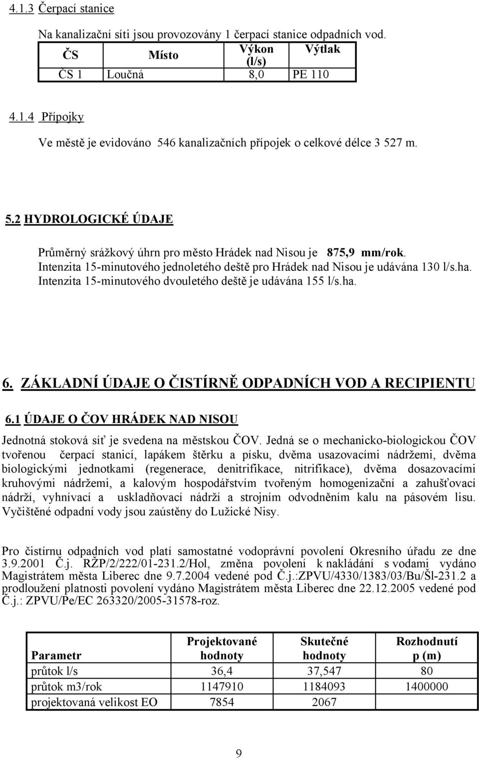 Intenzita 15-minutového dvouletého deště je udávána 155 l/s.ha. 6. ZÁKLADNÍ ÚDAJE O ČIÍRNĚ ODPADNÍCH VOD A RECIPIENU 6.1 ÚDAJE O ČOV HRÁDEK NAD NIOU Jednotná stoková síť je svedena na městskou ČOV.