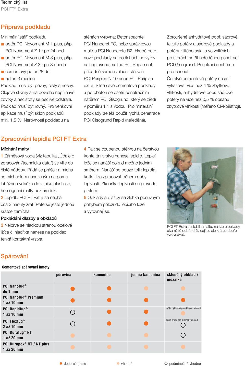 Podklad musí být rovný. Pro venkovní aplikace musí být sklon podkladů min. 1,5 %. Nerovnosti podkladu na stěnách vyrovnat Betonspachtel PCI Nanocret FC, nebo správkovou maltou PCI Nanocrete R2.