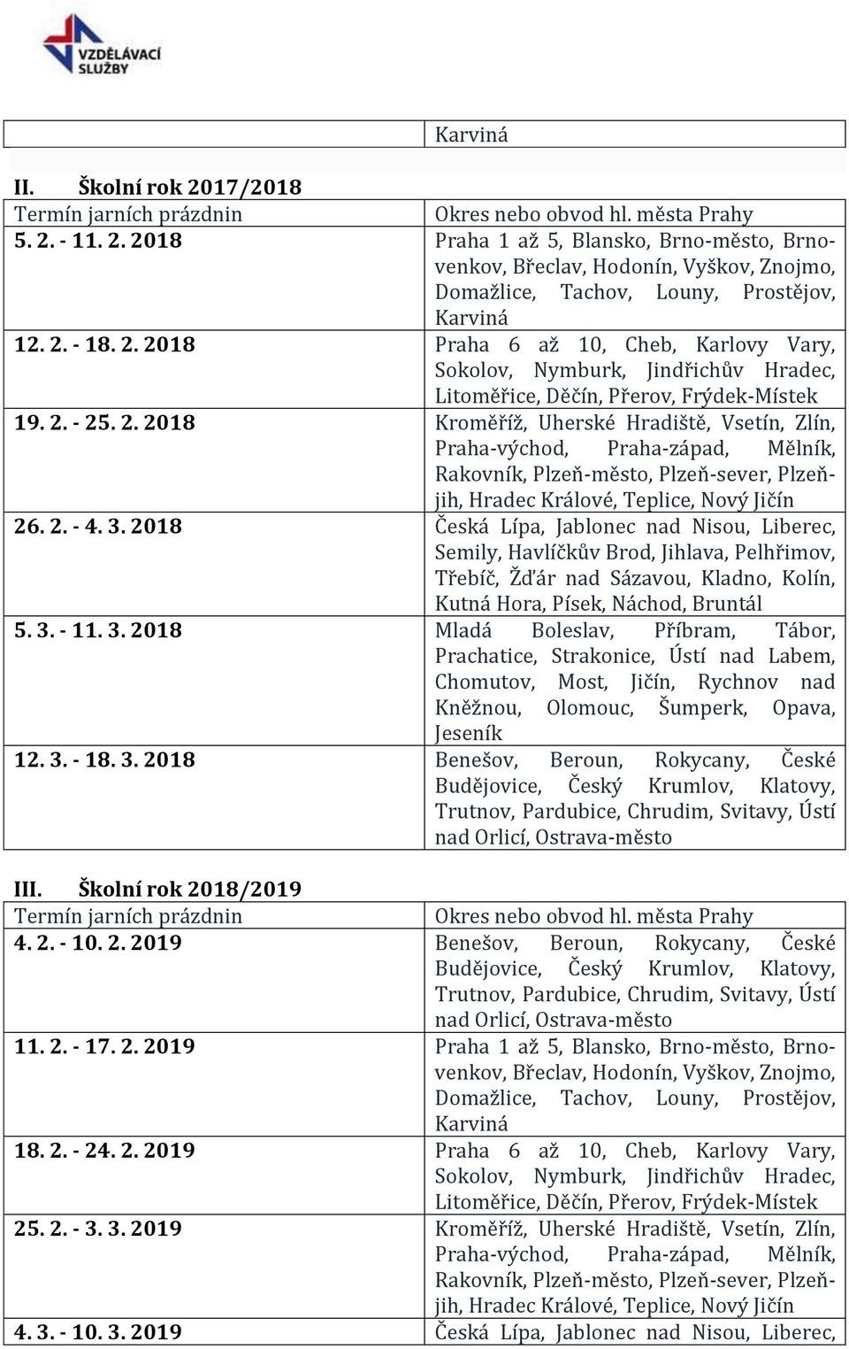 Školní rok 2018/2019 4. 2. - 10. 2. 2019 Benešov, Beroun, Rokycany, České 11. 2. - 17. 2. 2019 Praha 1 až 5, Blansko, Brno-město, Brnovenkov, 18. 2. - 24. 2. 2019 Praha 6 až 10, Cheb, Karlovy Vary, 25.