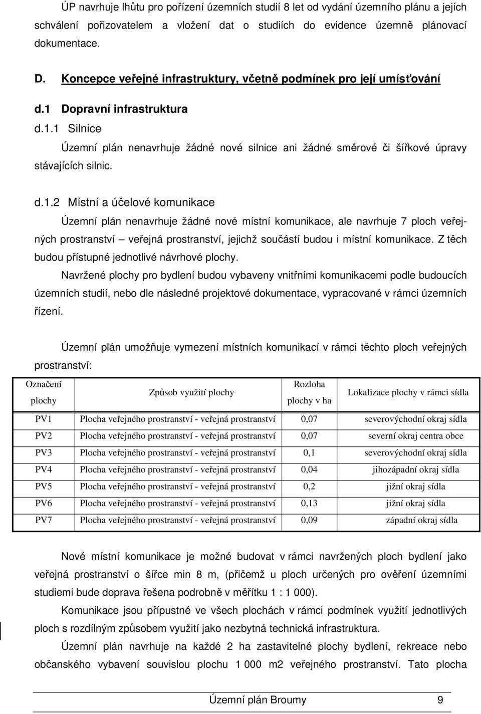 d.1.2 Místní a účelové komunikace Územní plán nenavrhuje žádné nové místní komunikace, ale navrhuje 7 ploch veřejných prostranství veřejná prostranství, jejichž součástí budou i místní komunikace.