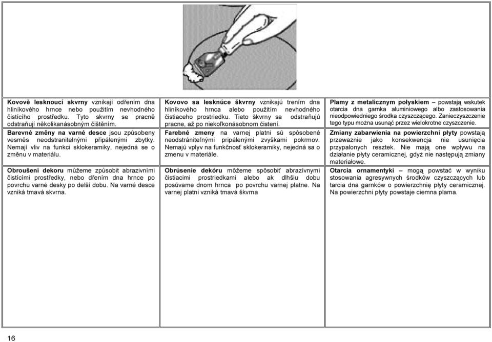 Obroušení dekoru můžeme způsobit abrazivními čistícími prostředky, nebo dřením dna hrnce po povrchu varné desky po delší dobu. Na varné desce vzniká tmavá skvrna.