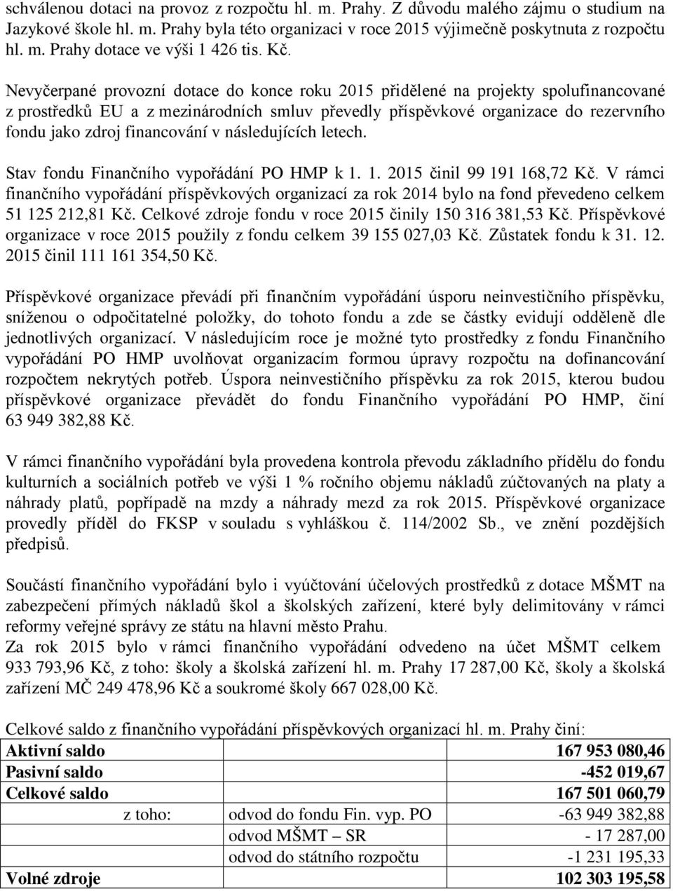 financování v následujících letech. Stav fondu Finančního vypořádání PO HMP k 1. 1. 2015 činil 99 191 168,72 Kč.