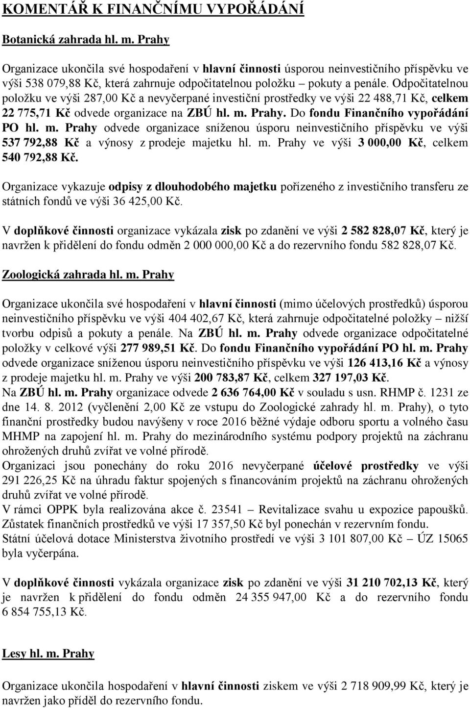 Odpočitatelnou položku ve výši 287,00 Kč a nevyčerpané investiční prostředky ve výši 22 488,71 Kč, celkem 22 775,71 Kč odvede organizace na ZBÚ hl. m.