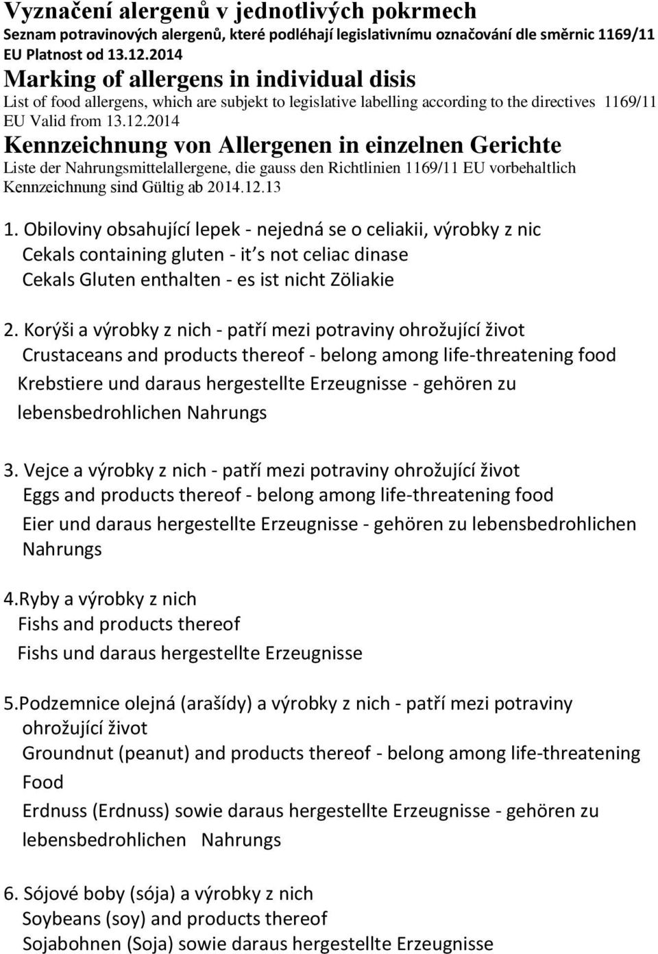 2014 Kennzeichnung von Allergenen in einzelnen Gerichte Liste der Nahrungsmittelallergene, die gauss den Richtlinien 1169/11 EU vorbehaltlich Kennzeichnung sind Gültig ab 2014.12.13 1.