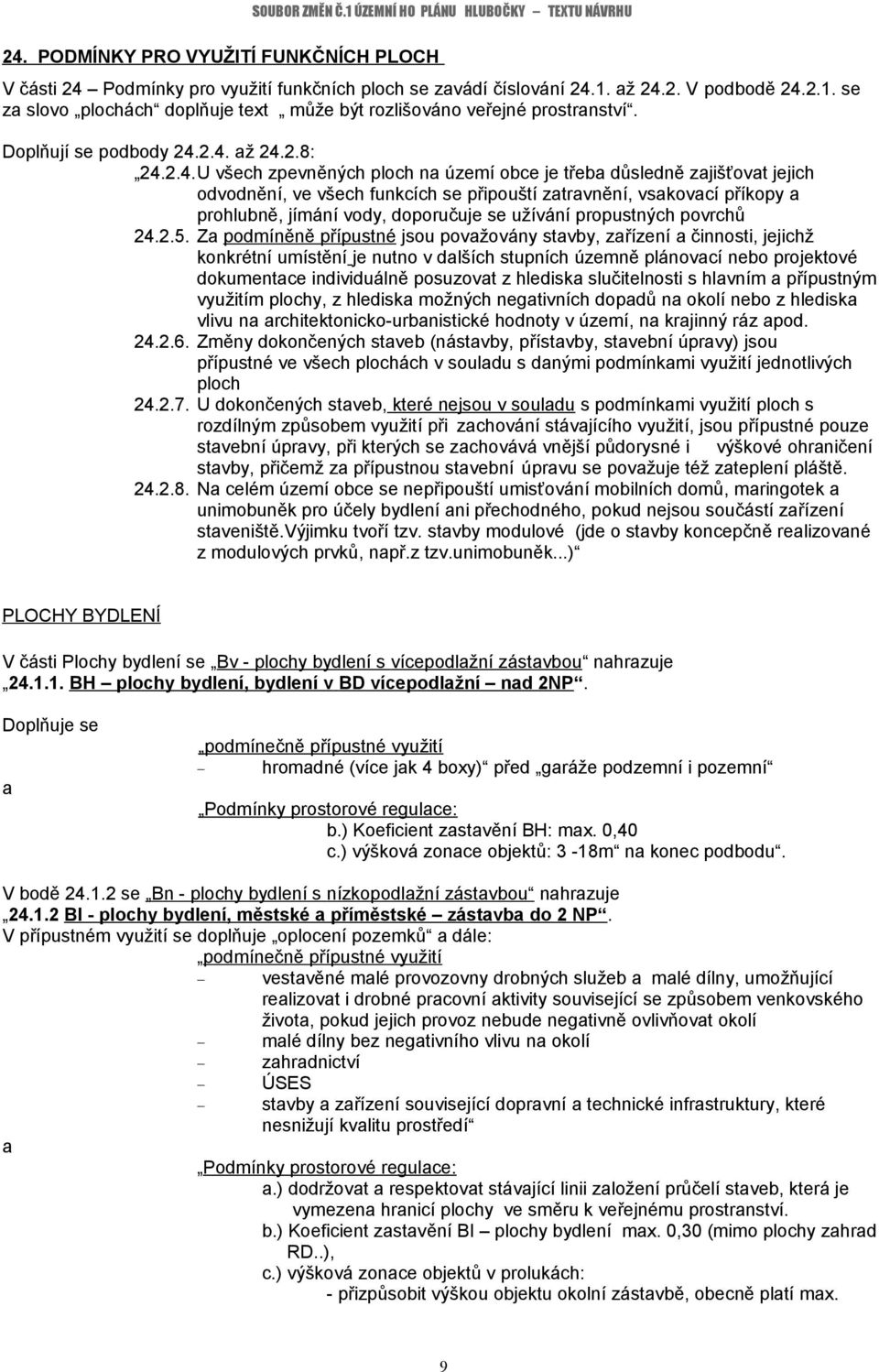 2.4. až 24.2.8: 24.2.4.U všech zpevněných ploch na území obce je třeba důsledně zajišťovat jejich odvodnění, ve všech funkcích se připouští zatravnění, vsakovací příkopy a prohlubně, jímání vody,