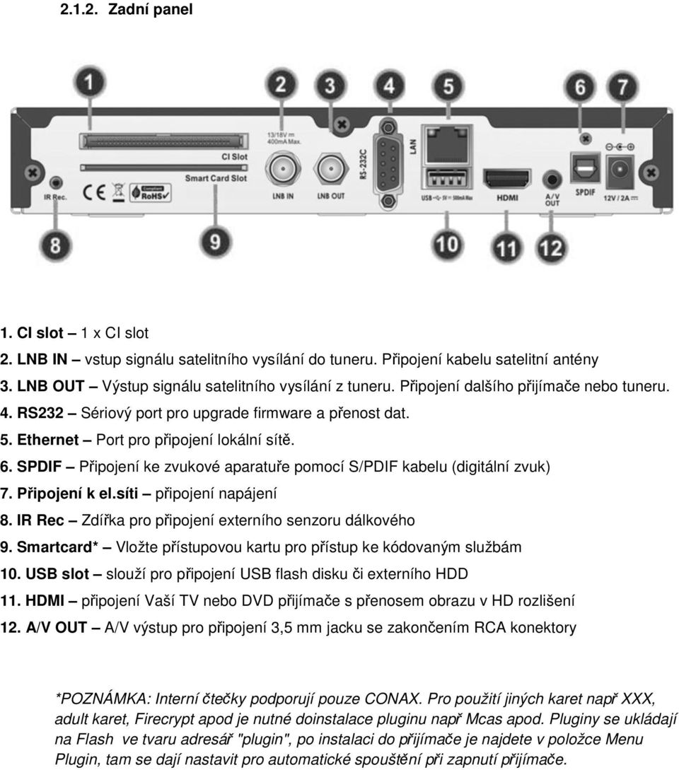 SPDIF Připojení ke zvukové aparatuře pomocí S/PDIF kabelu (digitální zvuk) 7. Připojení k el.síti připojení napájení 8. IR Rec Zdířka pro připojení externího senzoru dálkového 9.