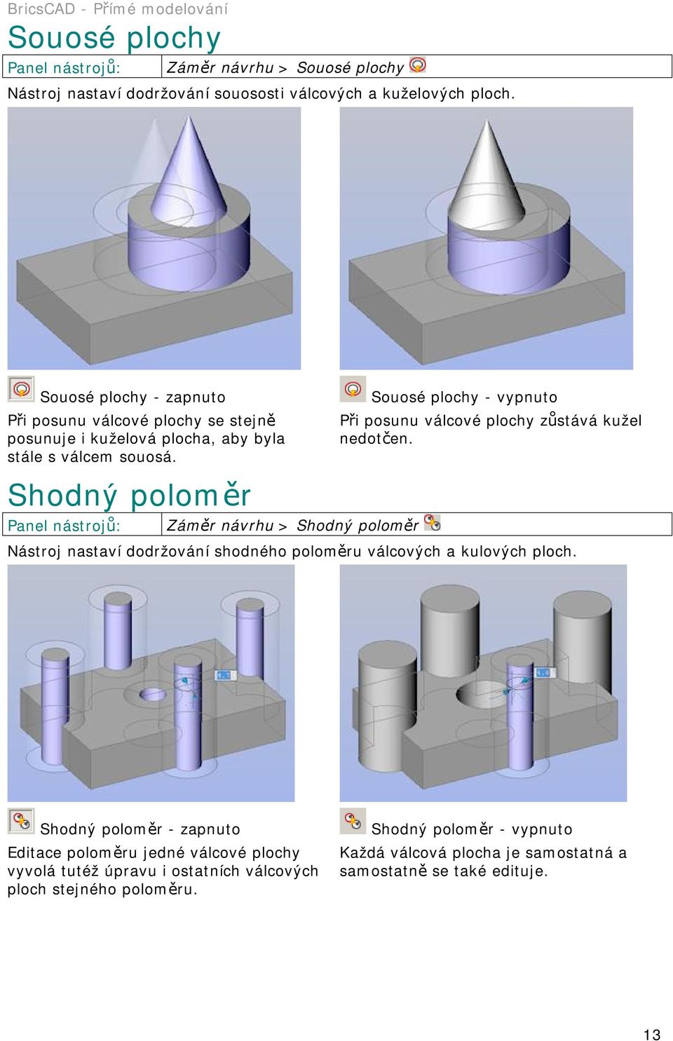 Shodný poloměr Záměr návrhu > Shodný poloměr Souosé plochy - vypnuto Při posunu válcové plochy zůstává kužel nedotčen.