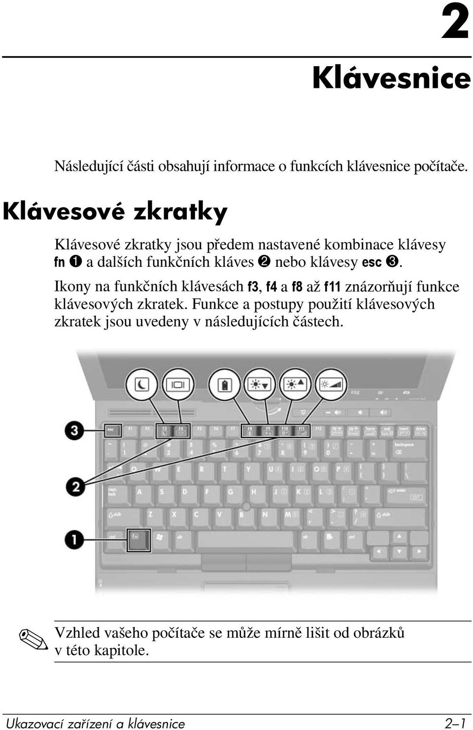 klávesy esc 3. Ikony na funkčních klávesách f3, f4 a f8 až f11 znázorňují funkce klávesových zkratek.