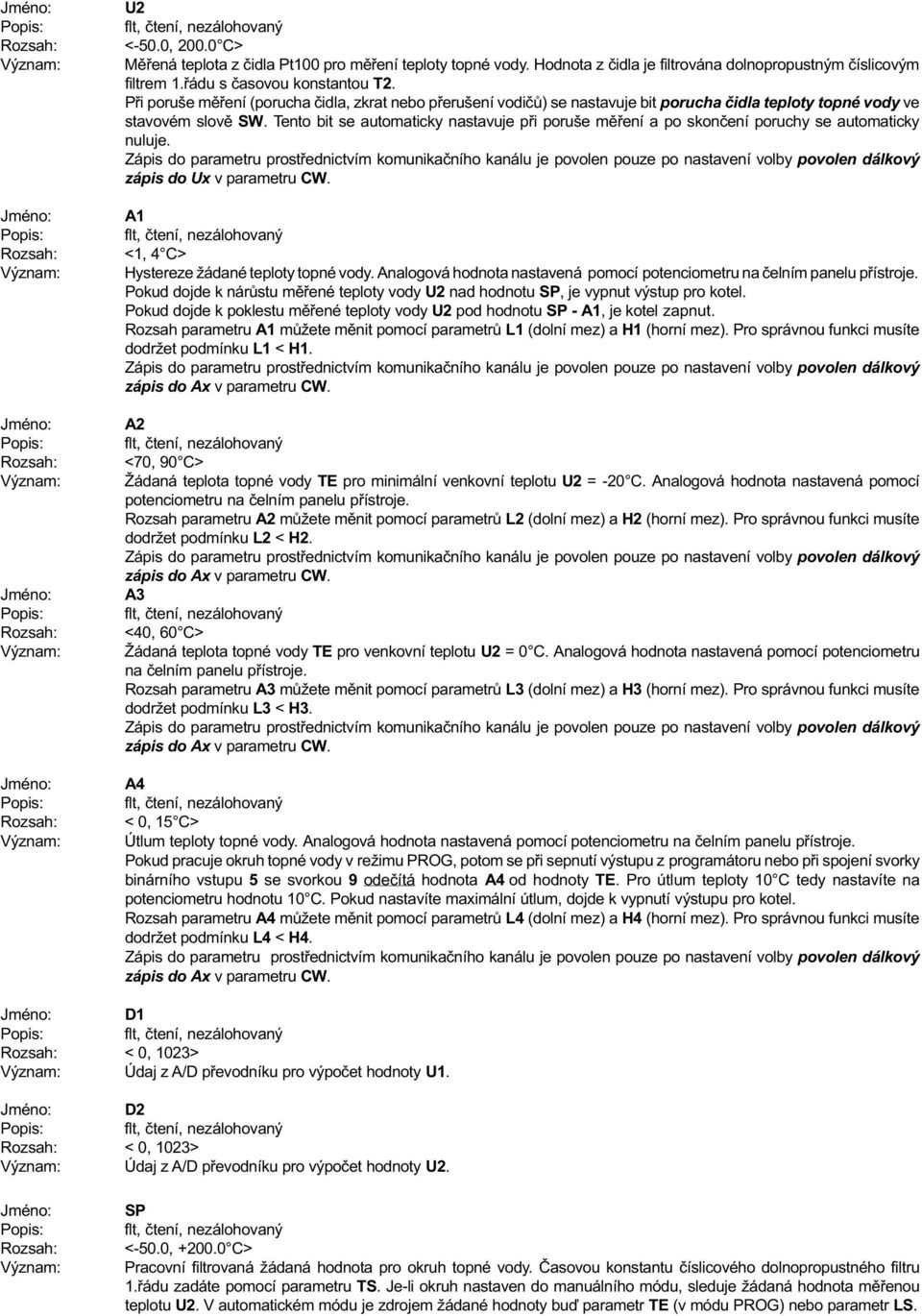 Tento bit se automaticky nastavuje pøi poruše mìøení a po skonèení poruchy se automaticky nuluje. zápis do Ux v parametru CW. A1 <1, 4 C> Hystereze žádané teploty topné vody.