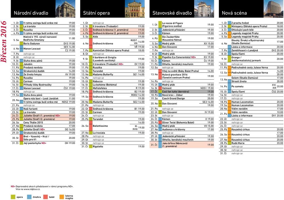 So Strakonický dudák 13. Ne Ze života hmyzu XV 14. Po Rusalka 15. Út Carmen 16. St Příhody lišky Bystroušky 17. Čt Manon Lescaut ČS1 18. Pá nehraje se 19. So Sluha dvou pánů 20.