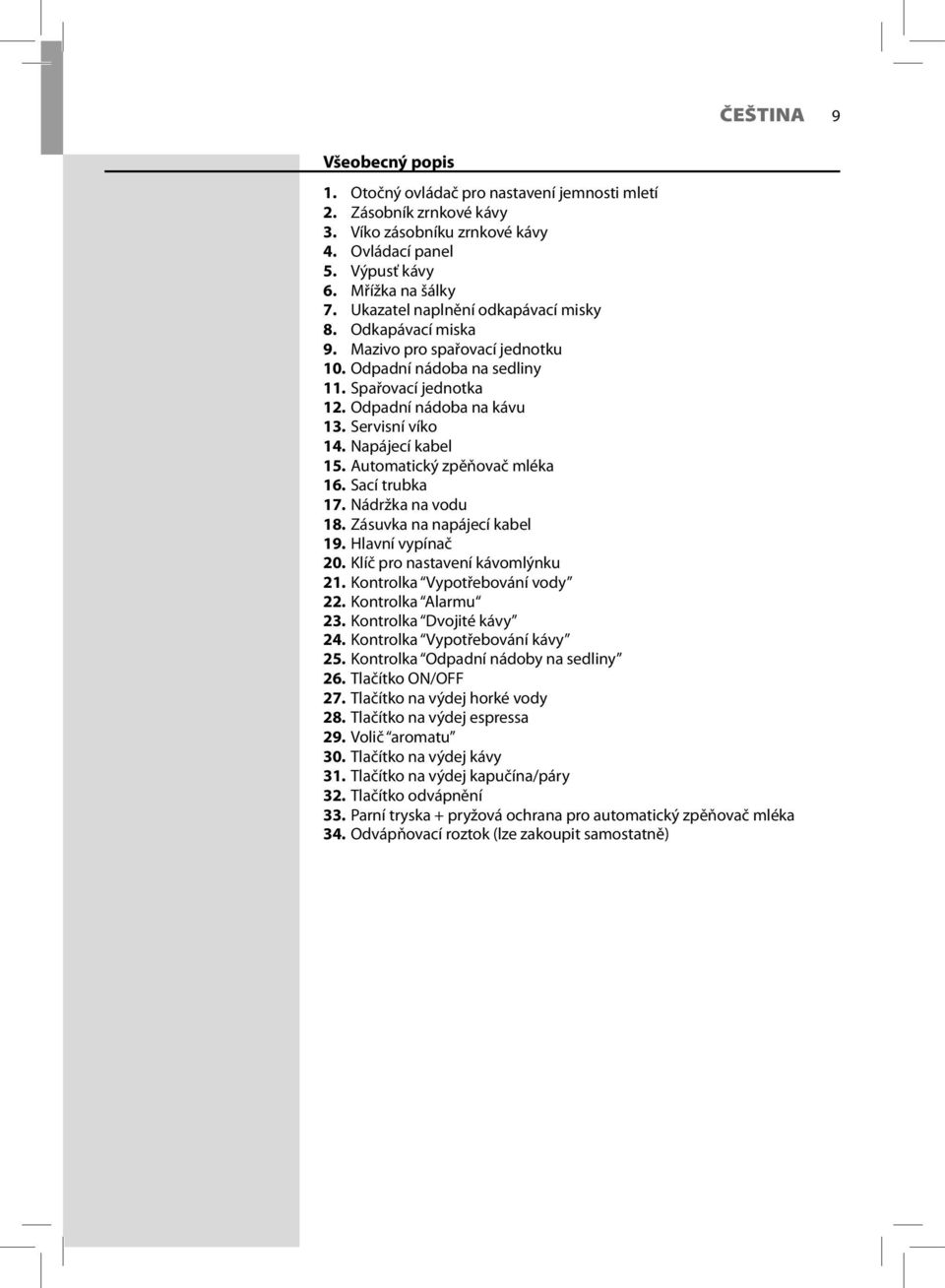 Napájecí kabel 15. Automatický zpěňovač mléka 16. Sací trubka 17. Nádržka na vodu 18. Zásuvka na napájecí kabel 19. Hlavní vypínač 20. Klíč pro nastavení kávomlýnku 21.