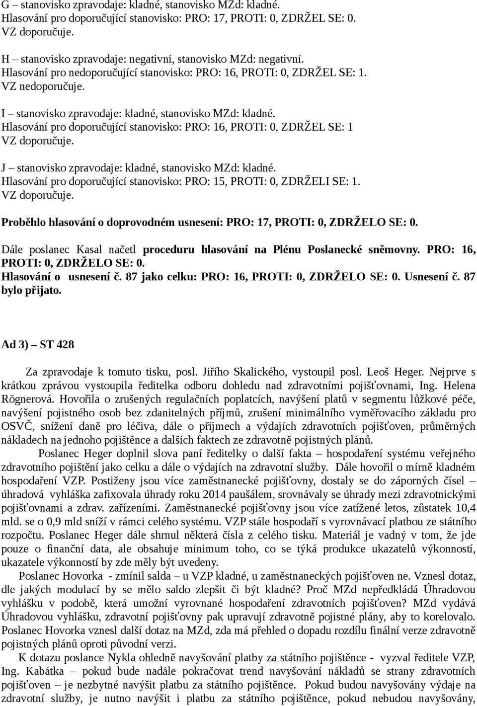 Hlasování pro doporučující stanovisko: PRO: 16, PROTI: 0, ZDRŽEL SE: 1 J stanovisko zpravodaje: kladné, stanovisko MZd: kladné. Hlasování pro doporučující stanovisko: PRO: 15, PROTI: 0, ZDRŽELI SE: 1.