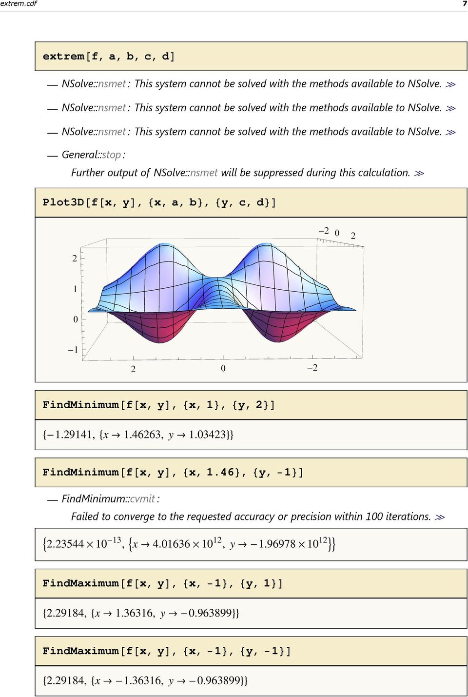 à General::stop : Further output of NSolve::nsmet will be suppressed during this calculation. à Plot3D@f@x, yd, 8x, a, b<, 8y, c, d<d FindMinimum@f@x, yd, 8x, 1<, 8y, 2<D 8-1.29141, 8x Ø 1.