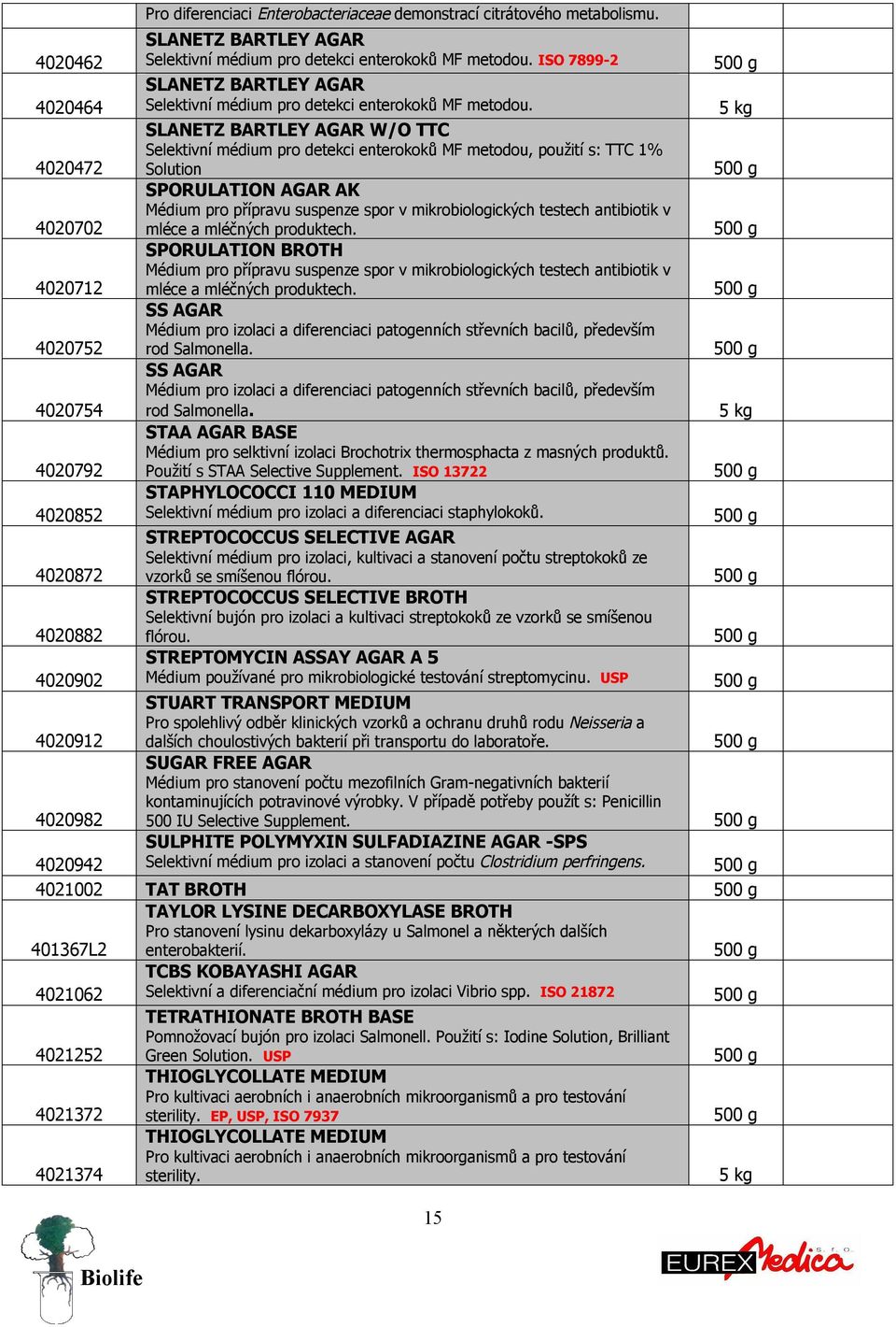 SLANETZ BARTLEY AGAR W/O TTC Selektivní médium pro detekci enterokoků MF metodou, použití s: TTC 1% Solution SPORULATION AGAR AK Médium pro přípravu suspenze spor v mikrobiologických testech