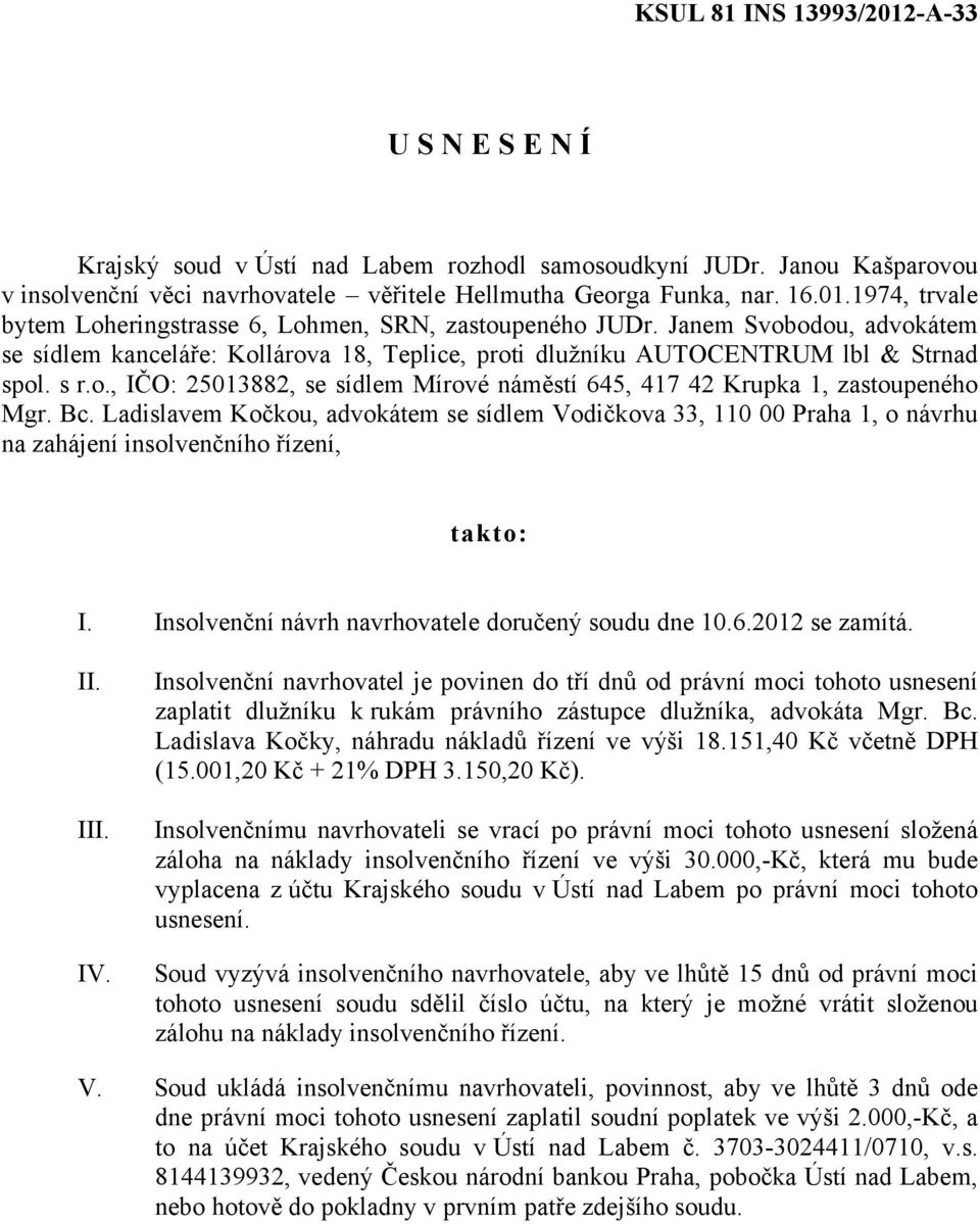 Bc. Ladislavem Kočkou, advokátem se sídlem Vodičkova 33, 110 00 Praha 1, o návrhu na zahájení insolvenčního řízení, takto: I. Insolvenční návrh navrhovatele doručený soudu dne 10.6.2012 se zamítá. II.