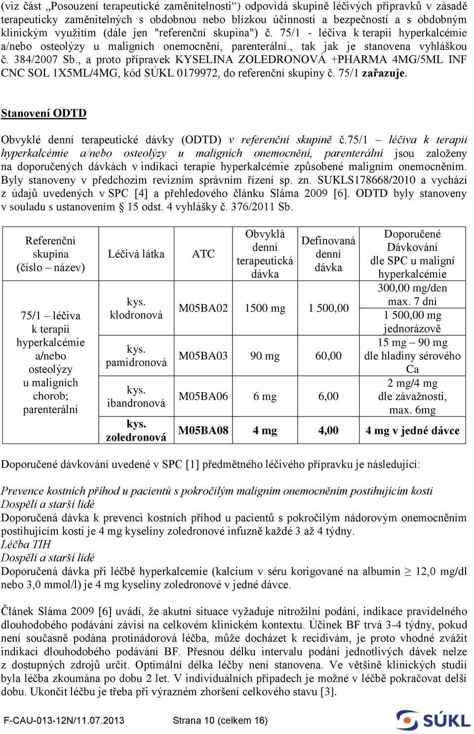 , a proto přípravek KYSELINA ZOLEDRONOVÁ +PHARMA 4MG/5ML INF CNC SOL 1X5ML/4MG, kód SÚKL 0179972, do referenční skupiny č. 75/1 zařazuje.