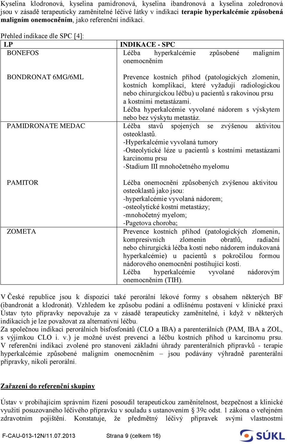 Přehled indikace dle SPC [4]: LP BONEFOS BONDRONAT 6MG/6ML PAMIDRONATE MEDAC PAMITOR ZOMETA INDIKACE - SPC Léčba hyperkalcémie způsobené maligním onemocněním Prevence kostních příhod (patologických