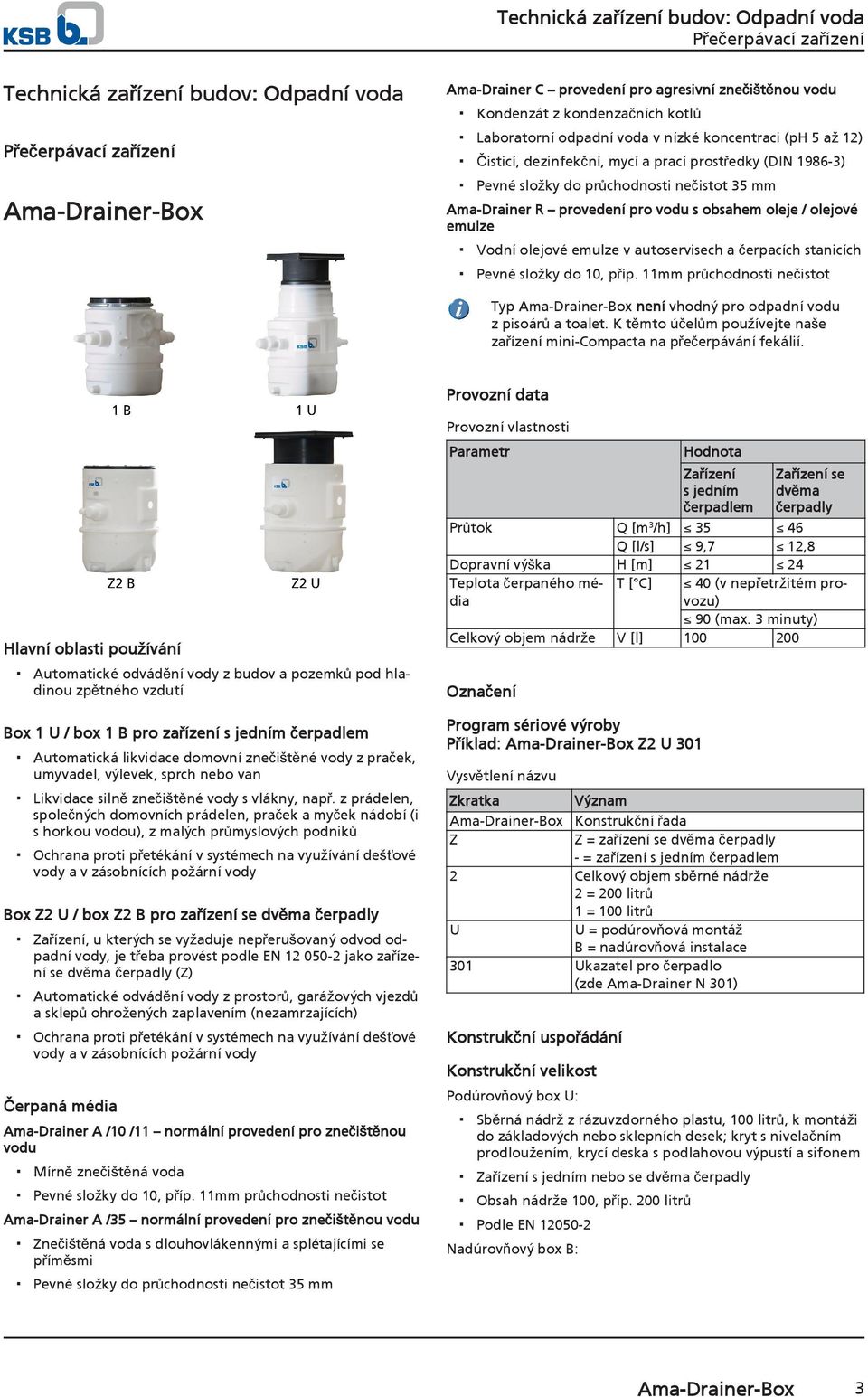 autoservisech a čerpacích stanicích Pevné složky do 10, příp. 11mm průchodnosti nečistot Typ AmaDrainerBox není vhodný pro odpadní vodu z pisoárů a toalet.