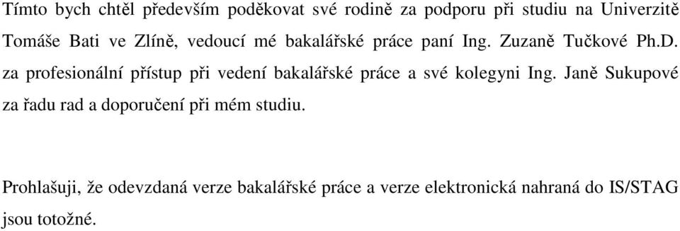 za profesionální přístup při vedení bakalářské práce a své kolegyni Ing.