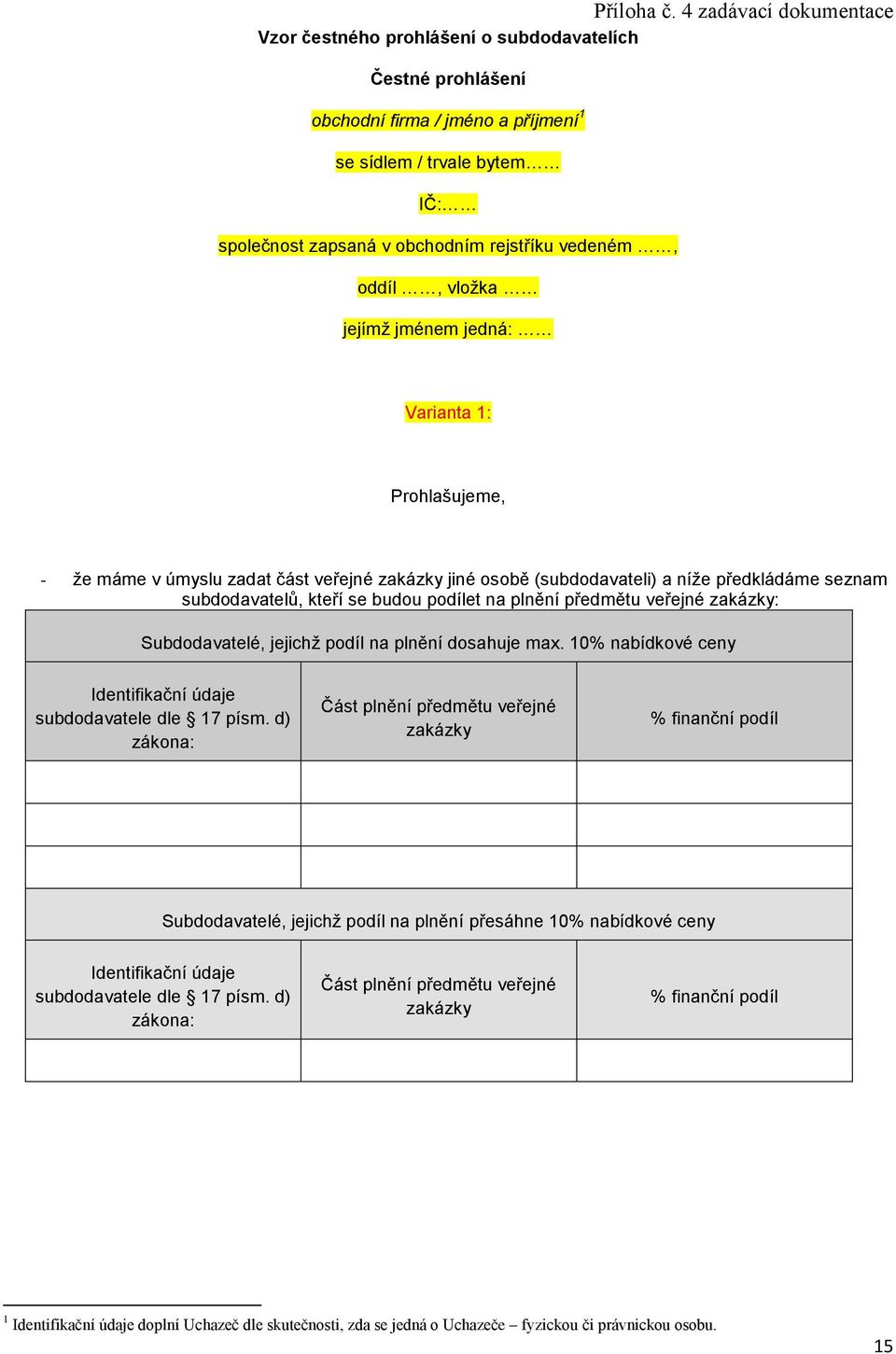 oddíl, vložka jejímž jménem jedná: Varianta 1: Prohlašujeme, - že máme v úmyslu zadat část veřejné zakázky jiné osobě (subdodavateli) a níže předkládáme seznam subdodavatelů, kteří se budou podílet