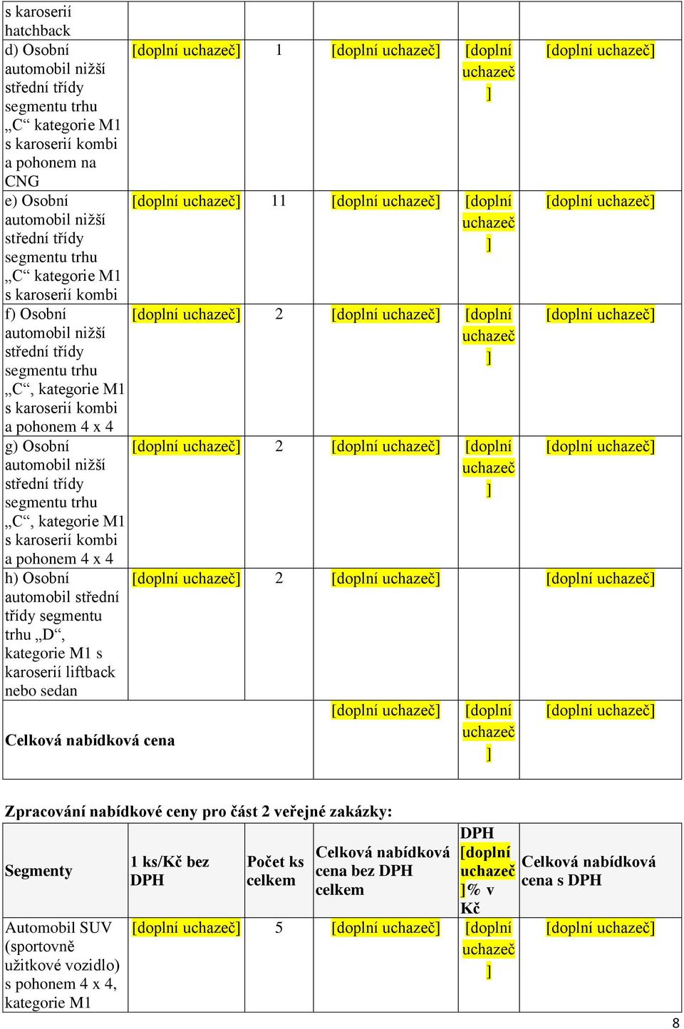 karoserií kombi a pohonem 4 x 4 h) Osobní automobil střední třídy segmentu trhu D, kategorie M1 s karoserií liftback nebo sedan cena [doplní 1 [doplní [doplní [doplní 11 [doplní [doplní [doplní 2