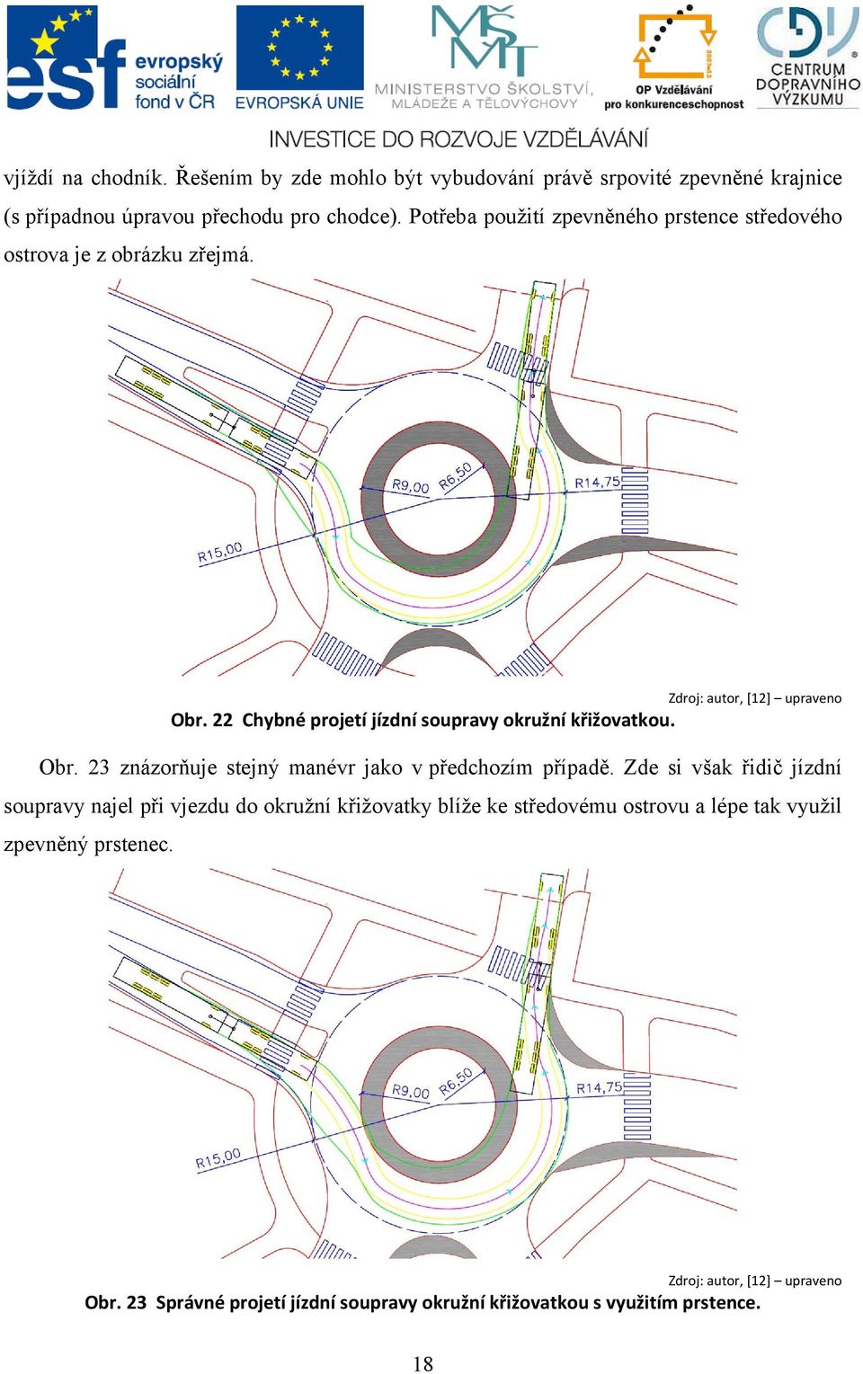 22 Chybné projetí jízdní soupravy okružní křižovatkou. Obr. 23 znázorňuje stejný manévr jako v předchozím případě.