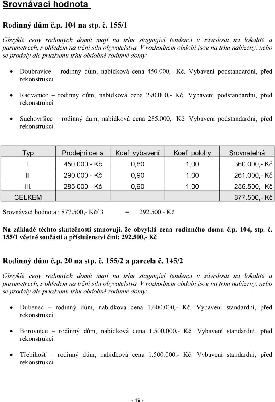 Radvanice rodinný dům, nabídková cena 290.000,- Kč. Vybavení podstandardní, před rekonstrukcí. Suchovršice rodinný dům, nabídková cena 285.000,- Kč. Vybavení podstandardní, před rekonstrukcí. Typ Prodejní cena Koef.