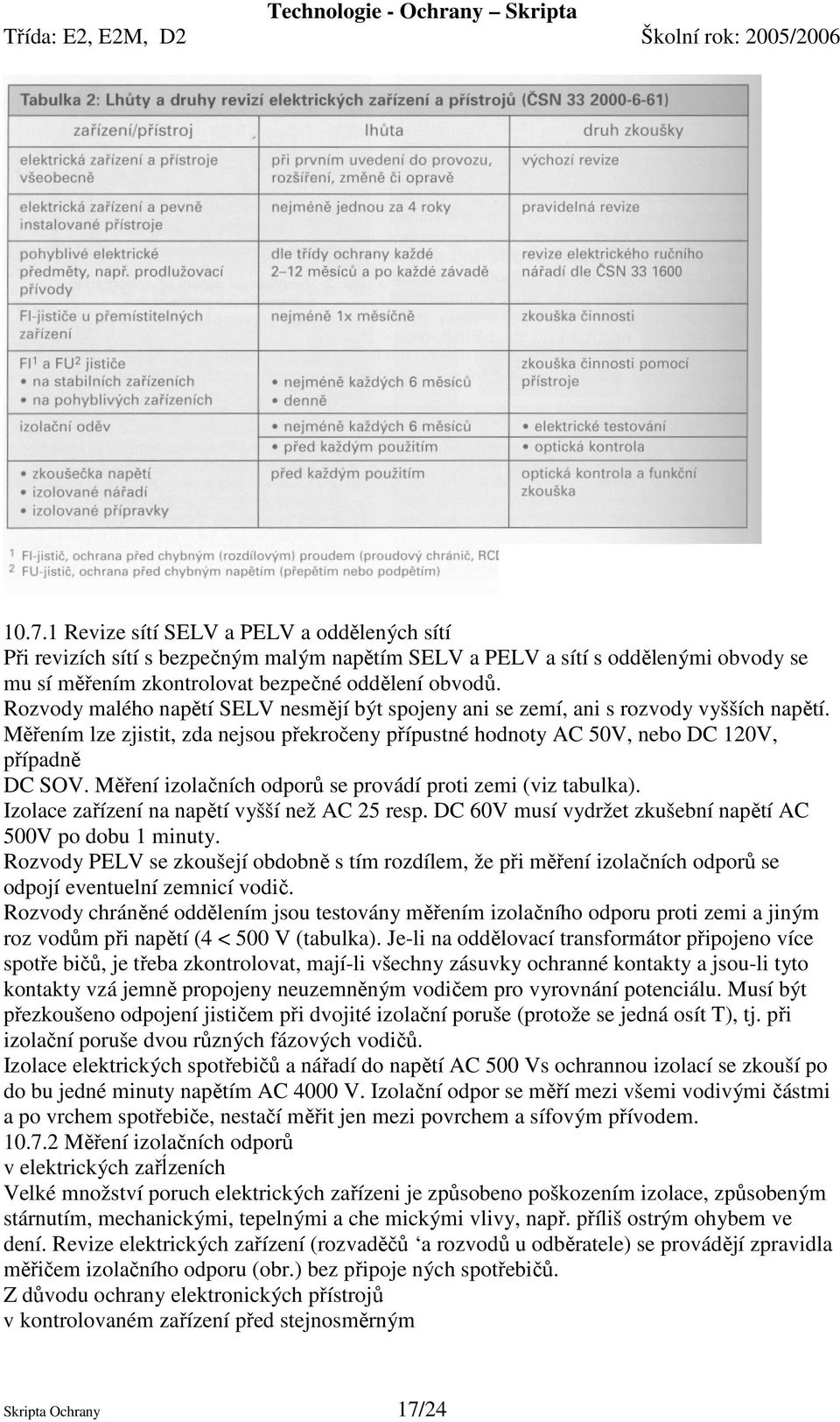 Měření izolačních odporů se provádí proti zemi (viz tabulka). Izolace zařízení na napětí vyšší než AC 25 resp. DC 60V musí vydržet zkušební napětí AC 500V po dobu 1 minuty.