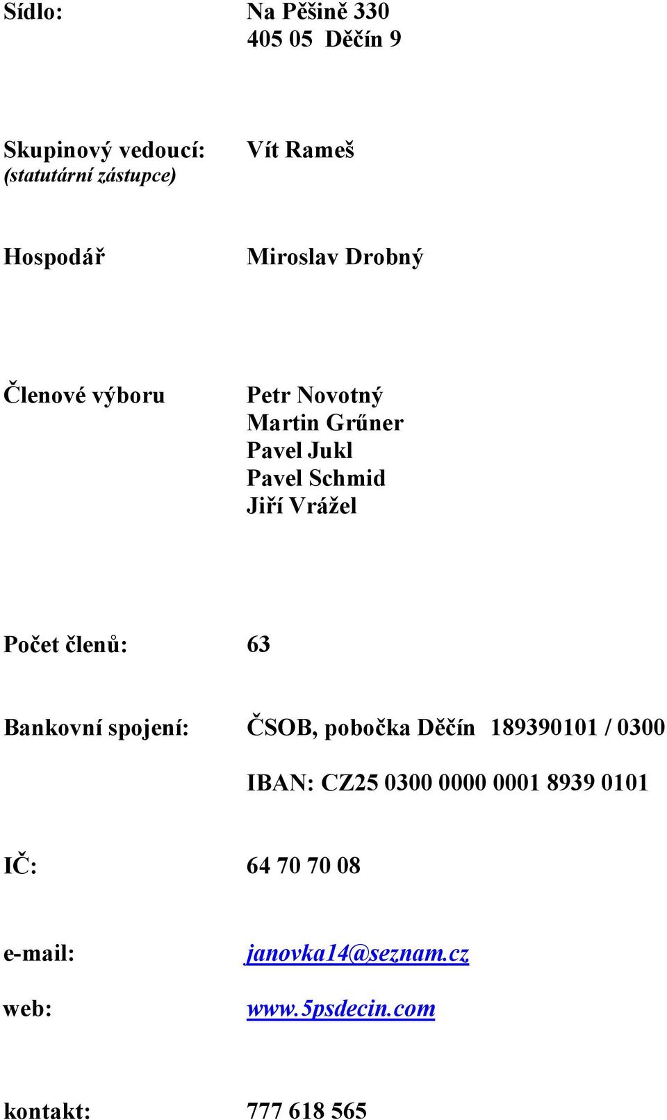 Počet členů: 63 Bankovní spojení: ČSOB, pobočka Děčín 189390101 / 0300 IBAN: CZ25 0300 0000