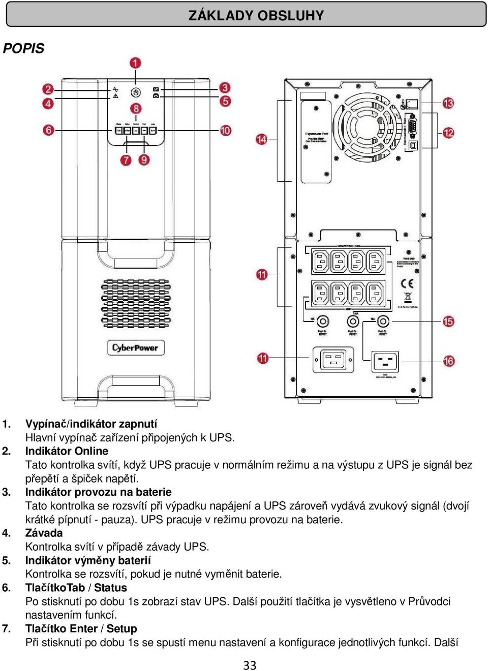 Indikátor provozu na baterie Tato kontrolka se rozsvítí při výpadku napájení a UPS zároveň vydává zvukový signál (dvojí krátké pípnutí - pauza). UPS pracuje v režimu provozu na baterie. 4.