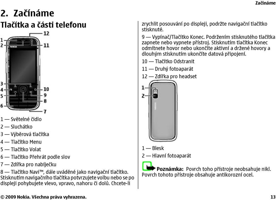 10 Tlačítko Odstranit 11 Druhý fotoaparát 12 Zdířka pro headset 1 Světelné čidlo 2 Sluchátko 3 Výběrová tlačítka 4 Tlačítko Menu 5 Tlačítko Volat 6 Tlačítko Přehrát podle slov 7 Zdířka pro nabíječku