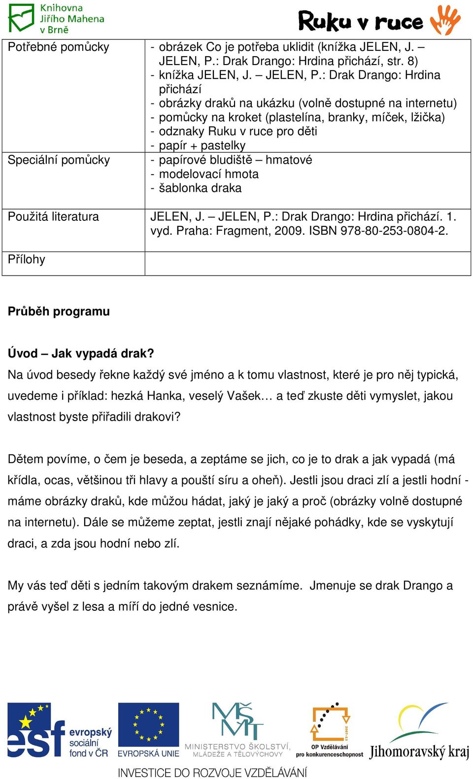 : Drak Drango: Hrdina přichází - obrázky draků na ukázku (volně dostupné na internetu) - pomůcky na kroket (plastelína, branky, míček, lžička) - odznaky Ruku v ruce pro děti - papír + pastelky