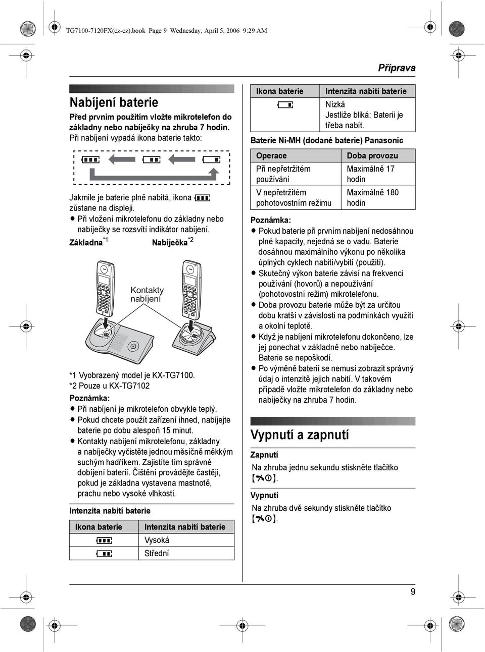 Základna *1 Nabíječka *2 *1 Vyobrazený model je KX-TG7100. *2 Pouze u KX-TG7102 L Při nabíjení je mikrotelefon obvykle teplý.