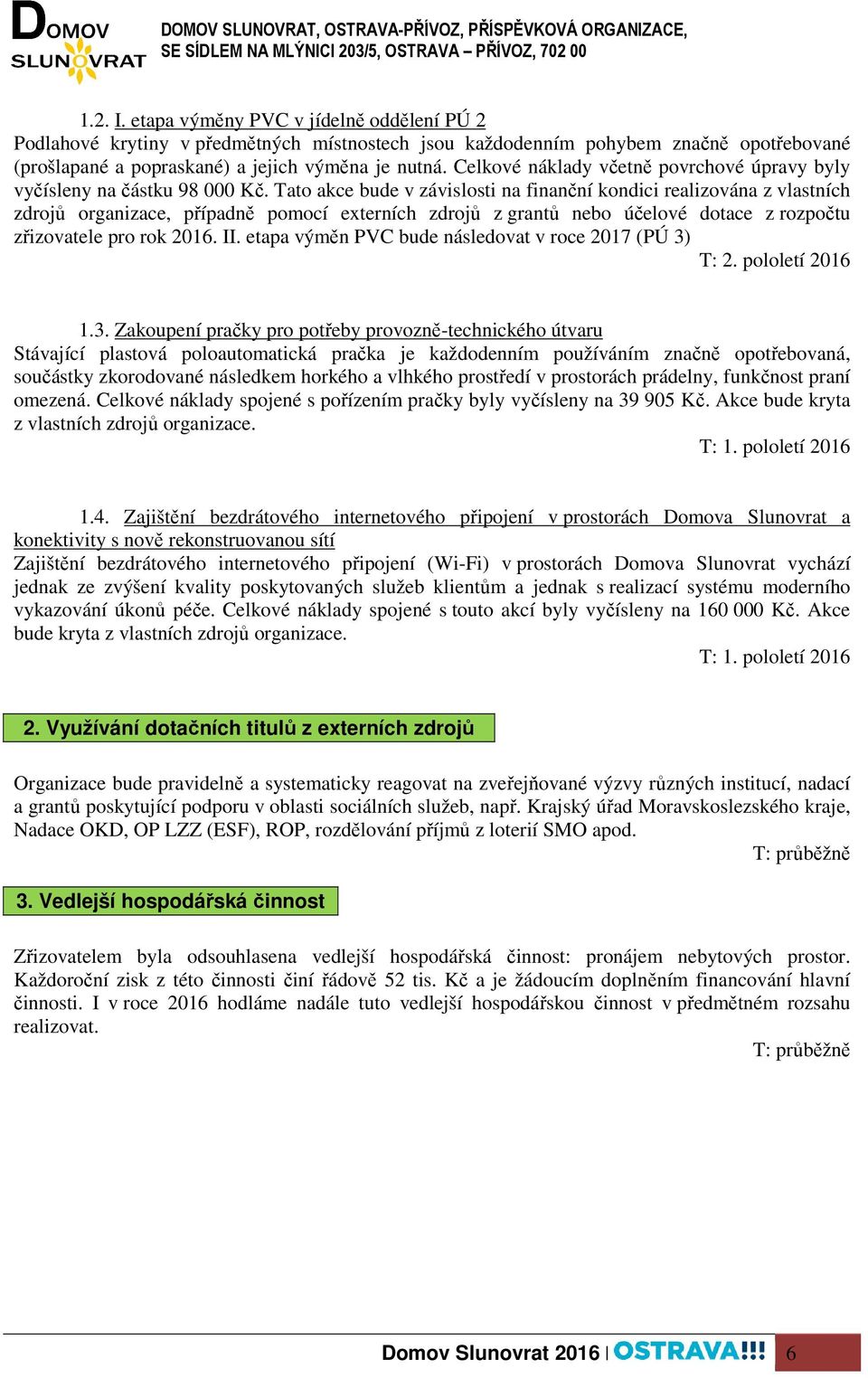 Tato akce bude v závislosti na finanční kondici realizována z vlastních zdrojů organizace, případně pomocí externích zdrojů z grantů nebo účelové dotace z rozpočtu zřizovatele pro rok 2016. II.