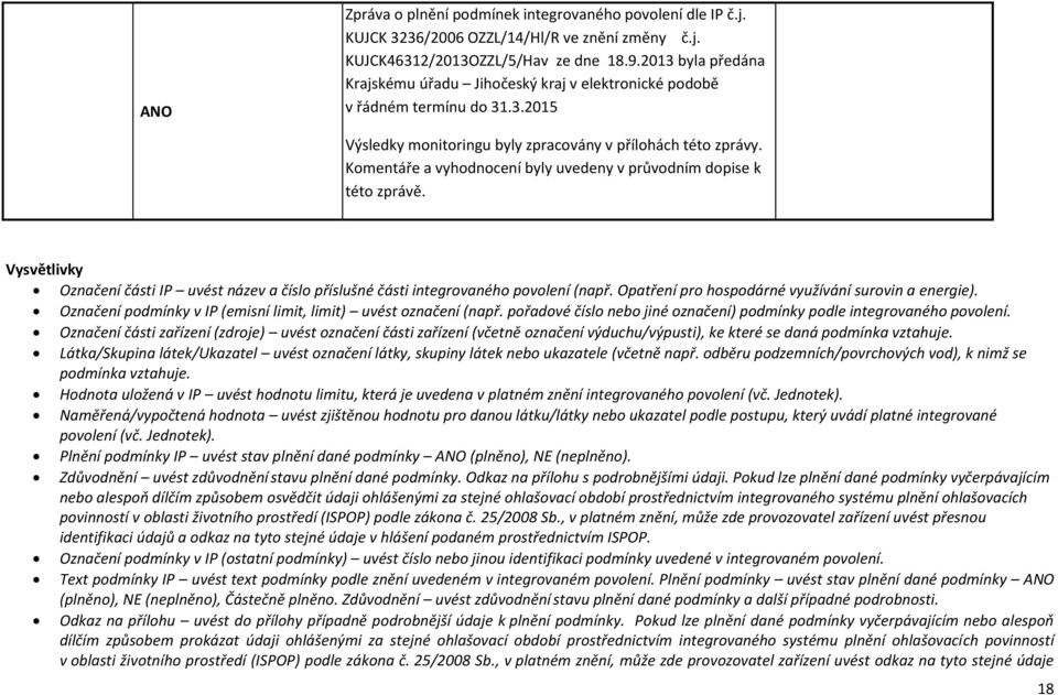 Komentáře a vyhodnocení byly uvedeny v průvodním dopise k této zprávě. Vysvětlivky části IP uvést název a číslo příslušné části integrovaného povolení (např.