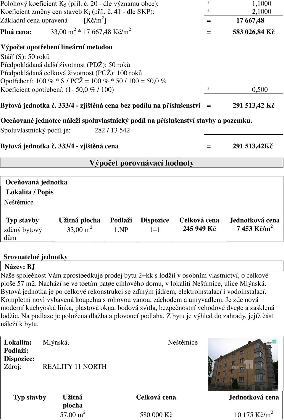 41 - dle SKP): * * Základní cena upravená [Kč/m ] = Plná cena: 33,00 m 2 * 17 667,48 Kč/m 2 = Výpočet opotřebení lineární metodou Stáří (S): 50 roků Předpokládaná další životnost (PDŽ): 50 roků