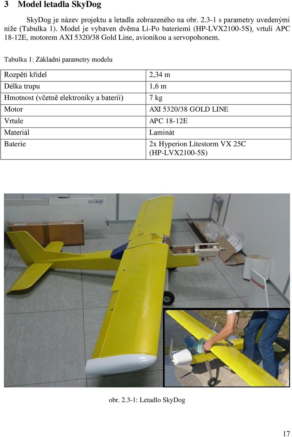 Tabulka 1: Základní parametry modelu Rozpětí křídel Délka trupu Hmotnost (včetně elektroniky a baterií) Motor 2,34 m 1,6 m 7 kg