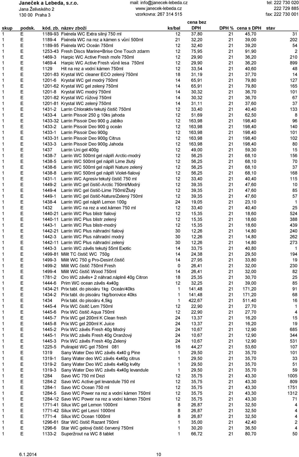 36,20 899 1 E 1129 Hit na rez a vodní kámen 750ml 12 33,54 21 40,60 48 1 E 1201-83 Krystal WC cleaner ECO zelený 750ml 18 31,19 21 37,70 14 1 E 1201-6 Krystal WC gel modrý 750ml 14 65,91 21 79,80 127