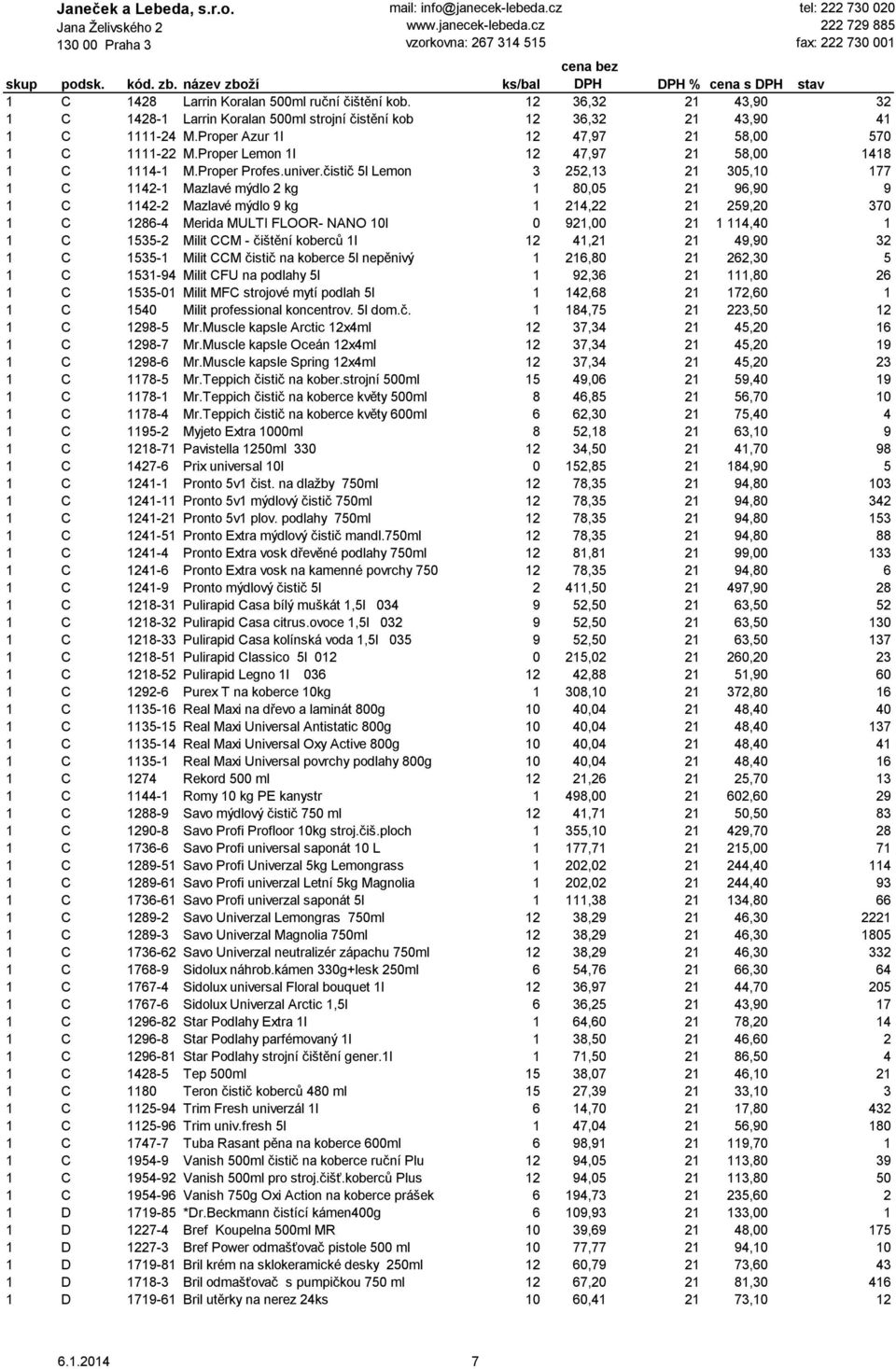 čistič 5l Lemon 3 252,13 21 305,10 177 1 C 1142-1 Mazlavé mýdlo 2 kg 1 80,05 21 96,90 9 1 C 1142-2 Mazlavé mýdlo 9 kg 1 214,22 21 259,20 370 1 C 1286-4 Merida MULTI FLOOR- NANO 10l 0 921,00 21 1