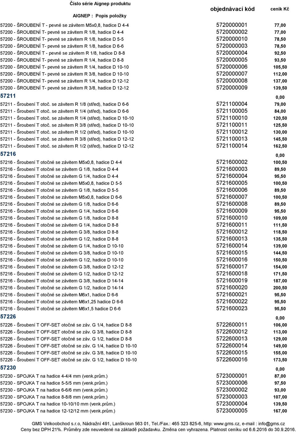 pevné se závitem R 1/4, hadice D 8-8 5720000005 93,50 57200 - ŠROUBENÍ T- pevné se závitem R 1/4, hadice D 10-10 5720000006 105,50 57200 - ŠROUBENÍ T- pevné se závitem R 3/8, hadice D 10-10