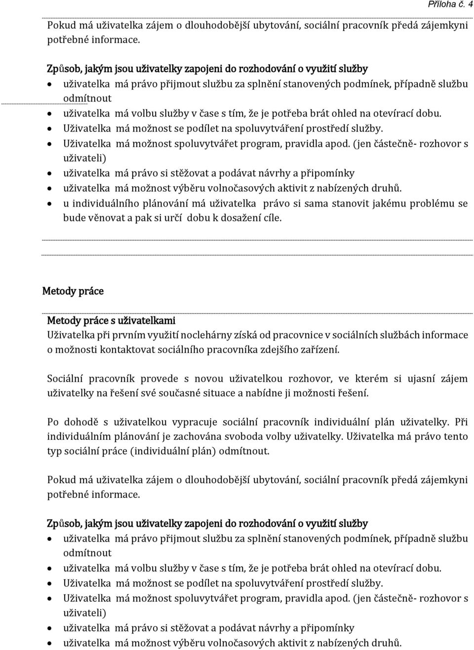 s tím, že je potřeba brát ohled na otevírací dobu. Uživatelka má možnost se podílet na spoluvytváření prostředí služby. Uživatelka má možnost spoluvytvářet program, pravidla apod.