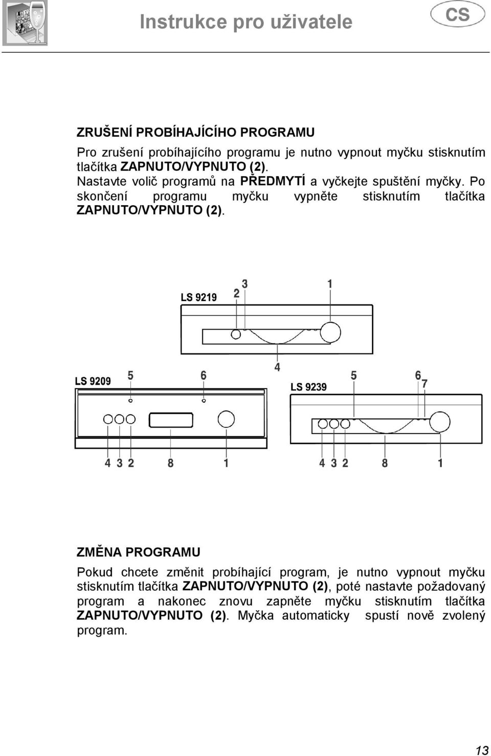 Po skončení programu myčku vypněte stisknutím tlačítka ZAPNUTO/VYPNUTO (2).