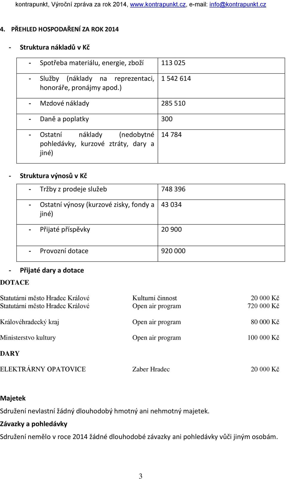 ) 1 542 614 - Mzdové náklady 285 510 - Daně a poplatky 300 - Ostatní náklady (nedobytné pohledávky, kurzové ztráty, dary a jiné) 14 784 - Struktura výnosů v Kč - Tržby z prodeje služeb 748 396 -