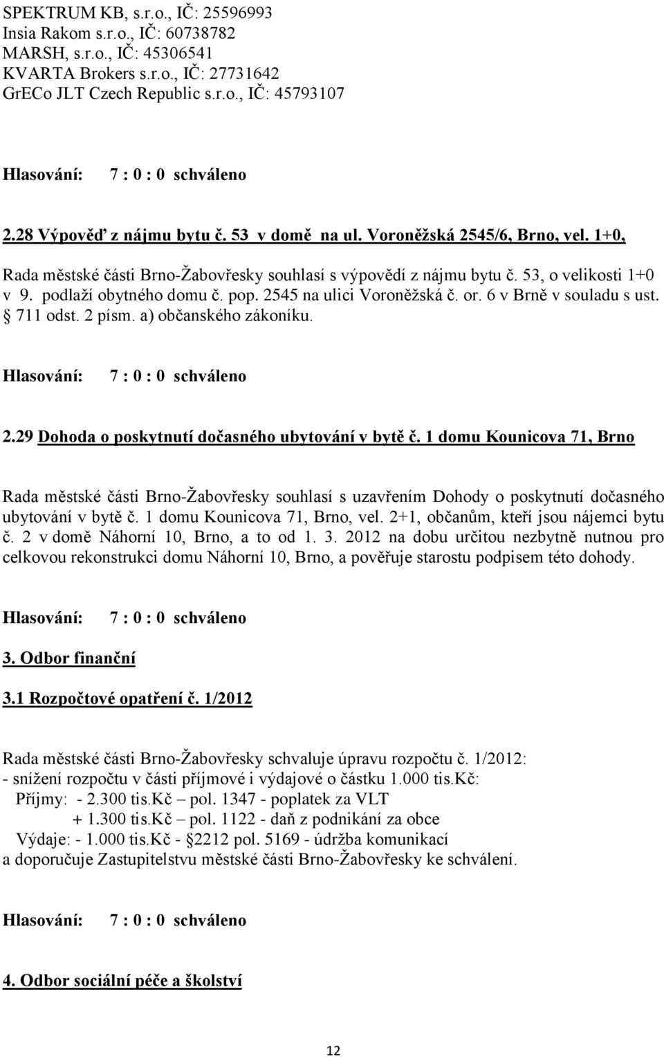 pop. 2545 na ulici Voroněžská č. or. 6 v Brně v souladu s ust. 711 odst. 2 písm. a) občanského zákoníku. 2.29 Dohoda o poskytnutí dočasného ubytování v bytě č.