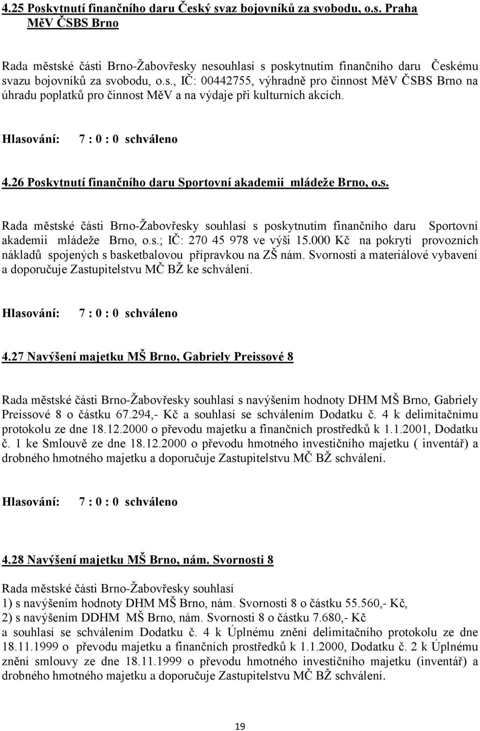 s.; IČ: 270 45 978 ve výši 15.000 Kč na pokrytí provozních nákladů spojených s basketbalovou přípravkou na ZŠ nám. Svornosti a materiálové vybavení a doporučuje Zastupitelstvu MČ BŽ ke schválení. 4.27 Navýšení majetku MŠ Brno, Gabriely Preissové 8 Rada městské části Brno-Žabovřesky souhlasí s navýšením hodnoty DHM MŠ Brno, Gabriely Preissové 8 o částku 67.