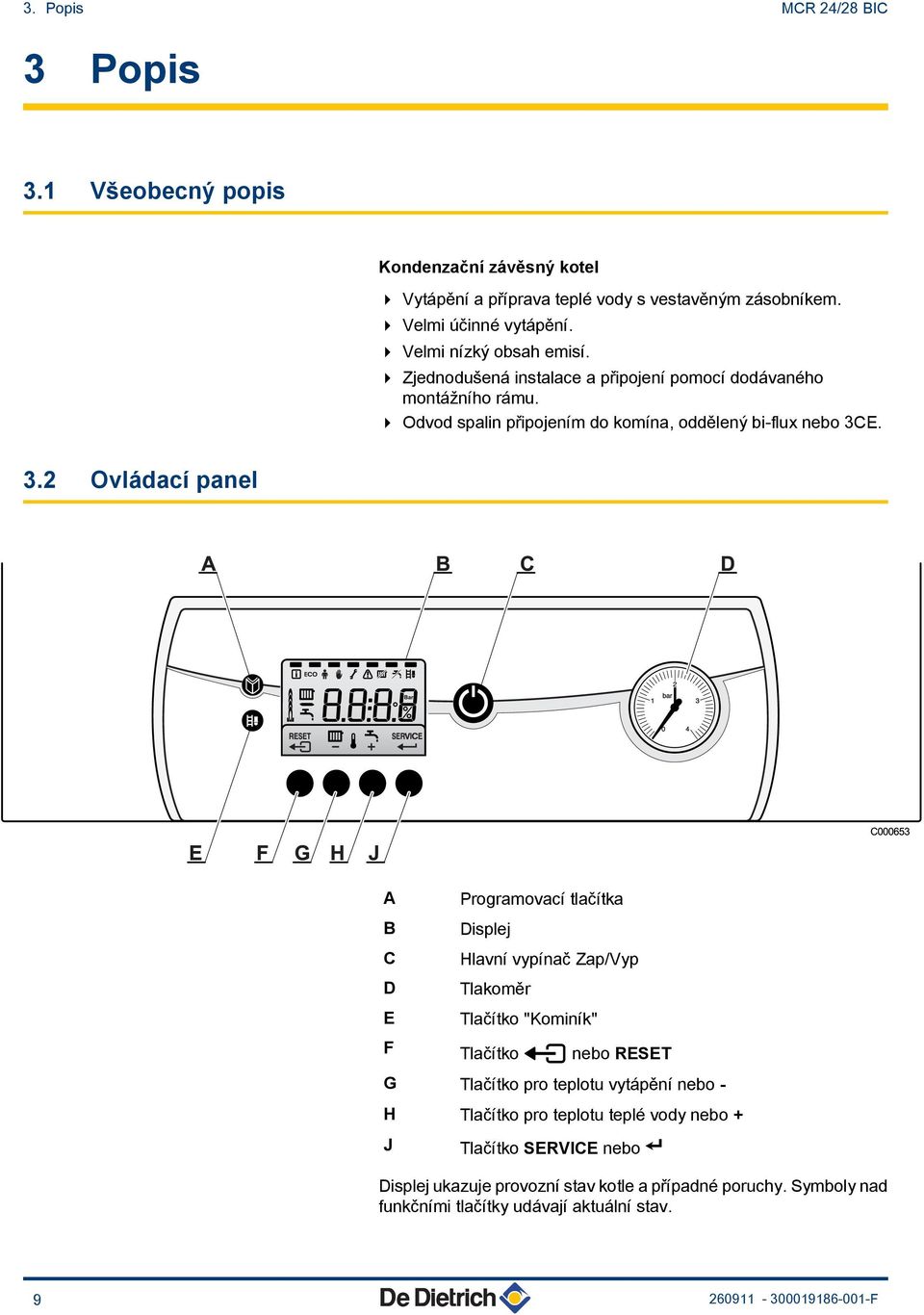 E. 3.2 Ovládací panel A B C D E F Programovací tlačítka Displej Hlavní vypínač Zap/Vyp Tlakoměr Tlačítko "Kominík" Tlačítko ( nebo RESET G Tlačítko pro teplotu vytápění nebo