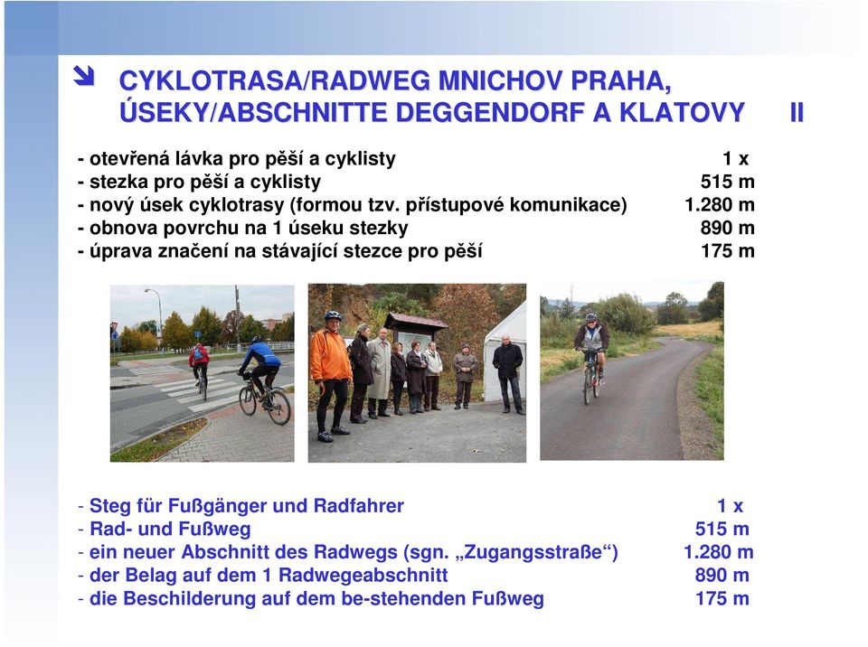 280 m - obnova povrchu na 1 úseku stezky 890 m - úprava značení na stávající stezce pro pěší 175 m - Steg für Fußgänger und Radfahrer